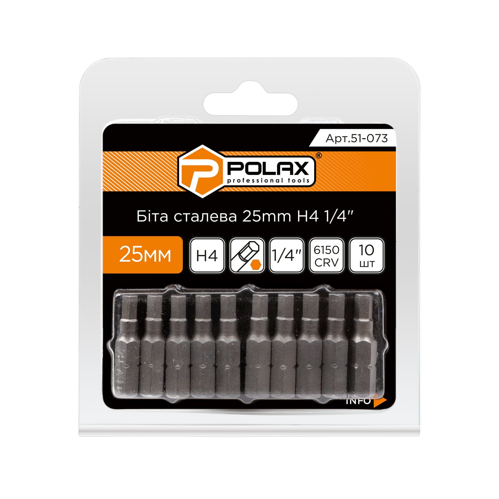 Zestaw bitów 25mm  H4 1/4″ 6150CRV 10 szt Polax 51-073