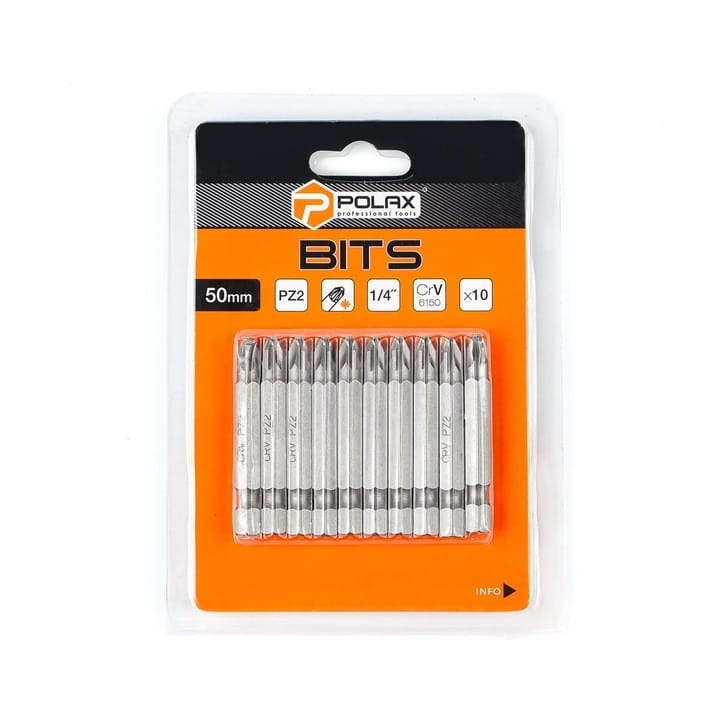 Zestaw bitów 50mm PZ2 1/4″ 6150 CRV 10 szt Polax 51-081