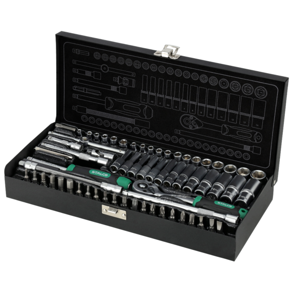 Zestaw kluczy nasadowych 67el 1/4″ metalowe pudełko Stalco S-54016